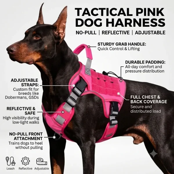 Pink Comfortable Large Dog Harness with Handle – Adjustable Mesh Pet Vest for Walking, Hiking & Daily Outdoor Adventures