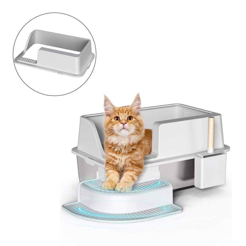 30L Semi Enclosed Cat Litter Box With Footboard And Scoop Stainless Steel Litter Box Plastic Walkway