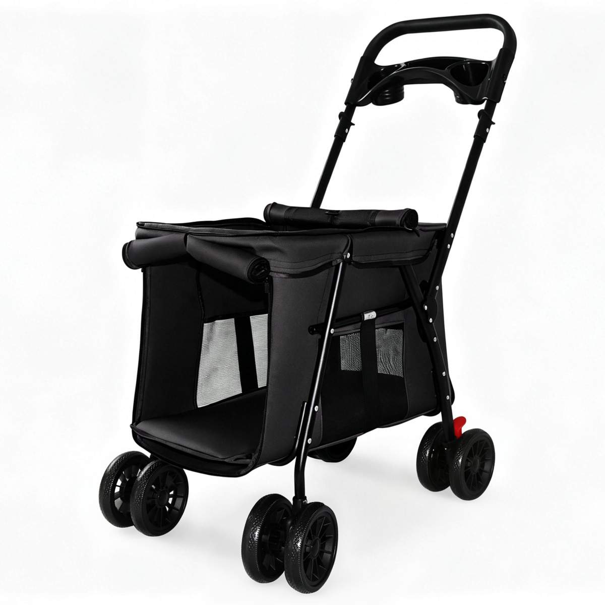 Pet Stroller, Foldable 4-Wheel Design, Breathable Mesh Dog Cat Stroller with Shockproof Wheels, Brake System, Storage Tray, 2 Fixed Safety Leashes, Large Space Pet Carrier for Small Medium Pets,Black - Image 5