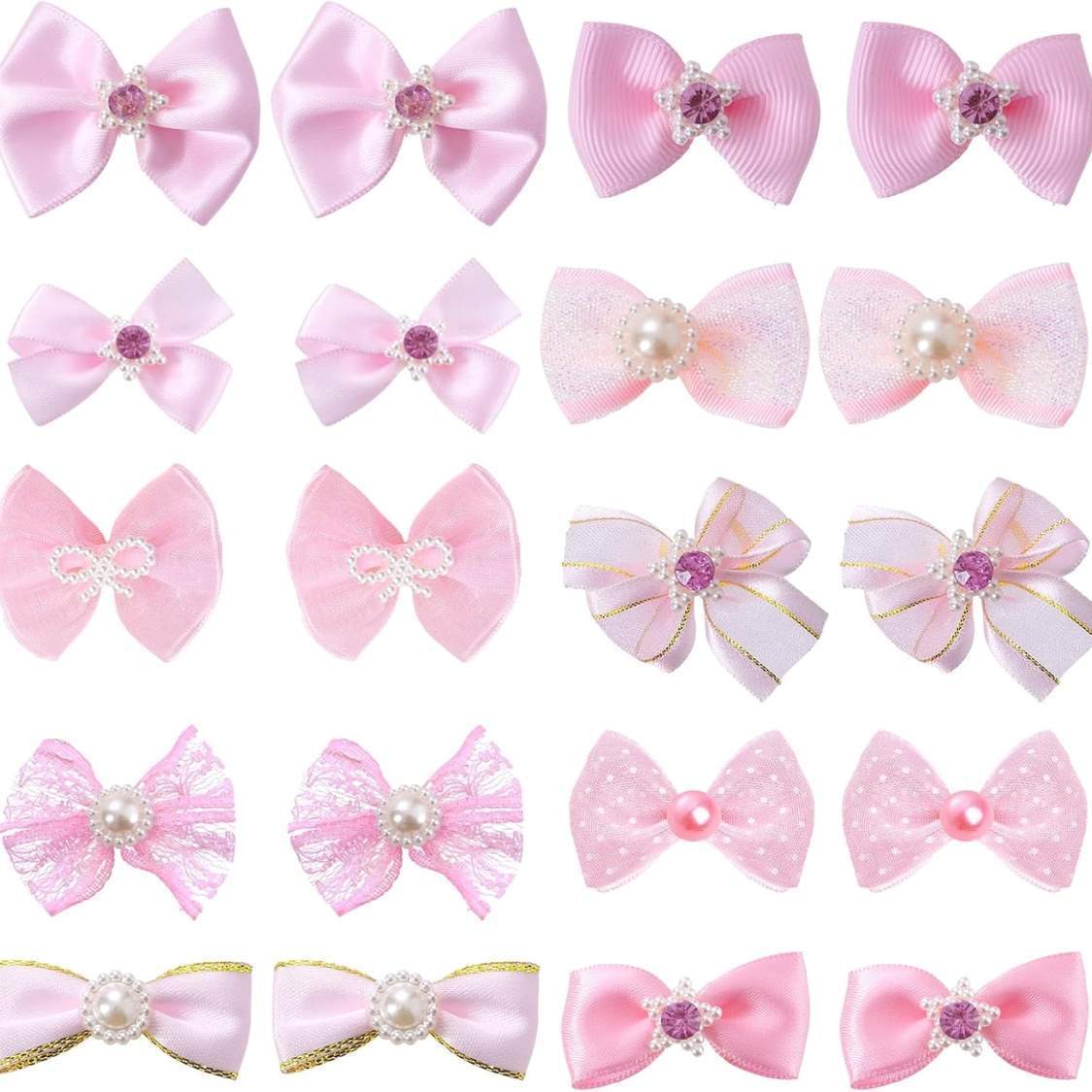 20 PCS Cute Dog Hair Bows With Rubber Bands Elastic Handmade Mix Style Lace Rhinestone Pearls For Furry Puppy Cat Pet Girl - Image 3