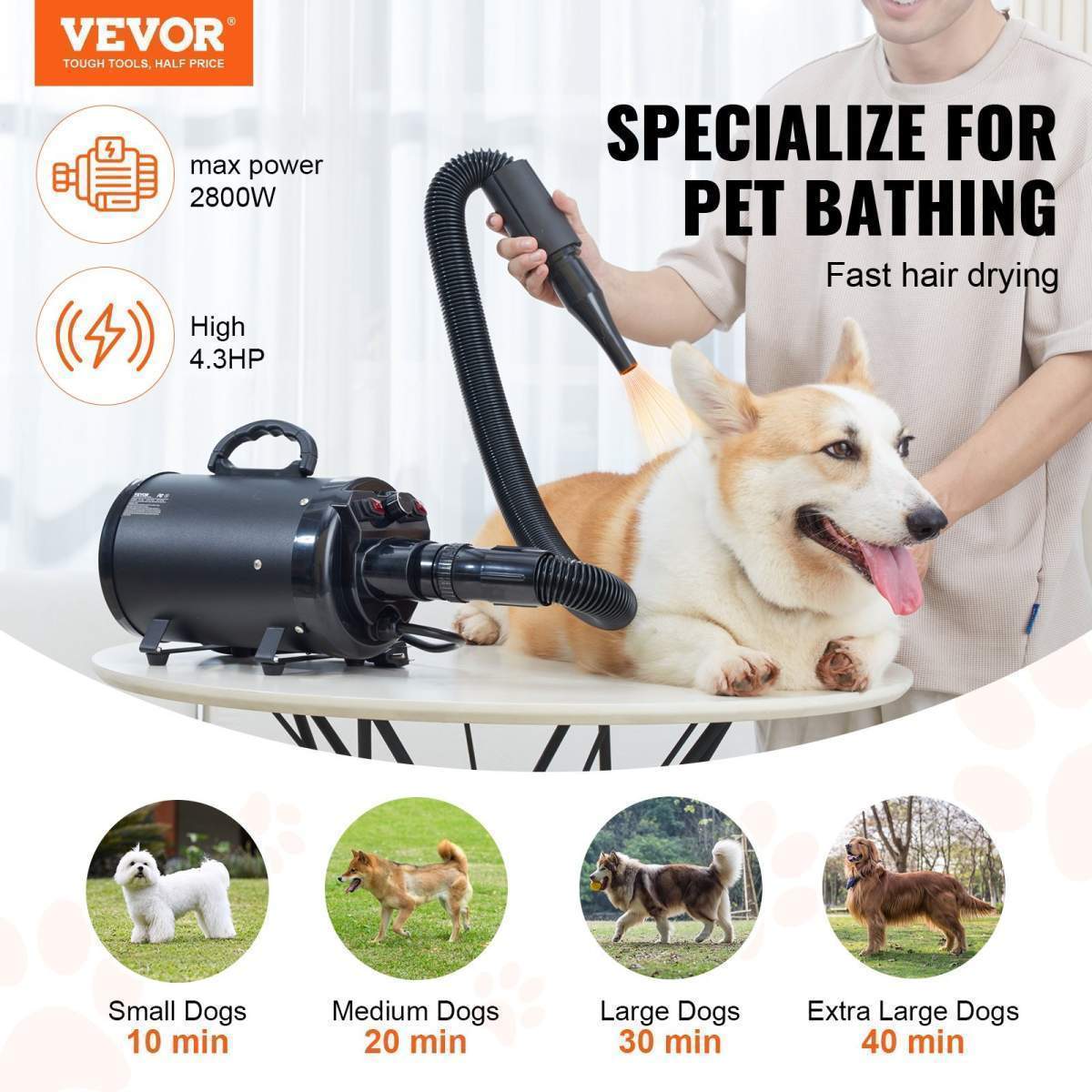 Dog Dryer, 2800W/4.3HP Dog Blow Dryer, Pet Grooming Dryer With Adjustable Speed And Temperature Control, Pet Hair Dryer With 4 Nozzles And Extendable Hose, Black - Image 2