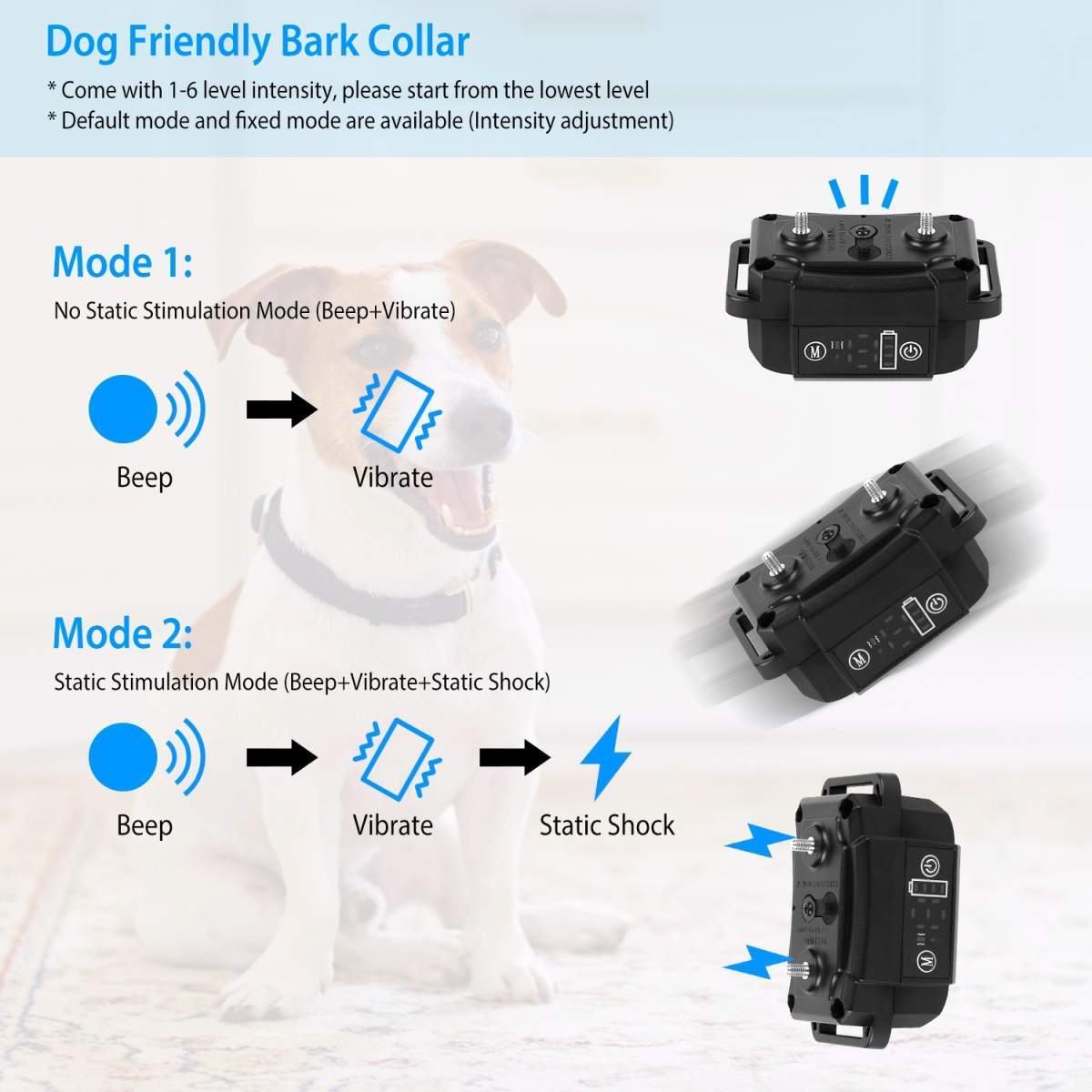 Dog Bark Collar Rechargeable Waterproof Beep Vibration Static Stimulation Bark Stopper Automatic Identification Collar With 6 Intensity Dual Modes - Image 6