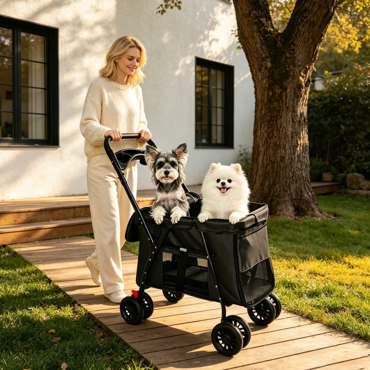 Pet Stroller, Foldable 4-Wheel Design, Breathable Mesh Dog Cat Stroller with Shockproof Wheels, Brake System, Storage Tray, 2 Fixed Safety Leashes, Large Space Pet Carrier for Small Medium Pets,Black - Image 2