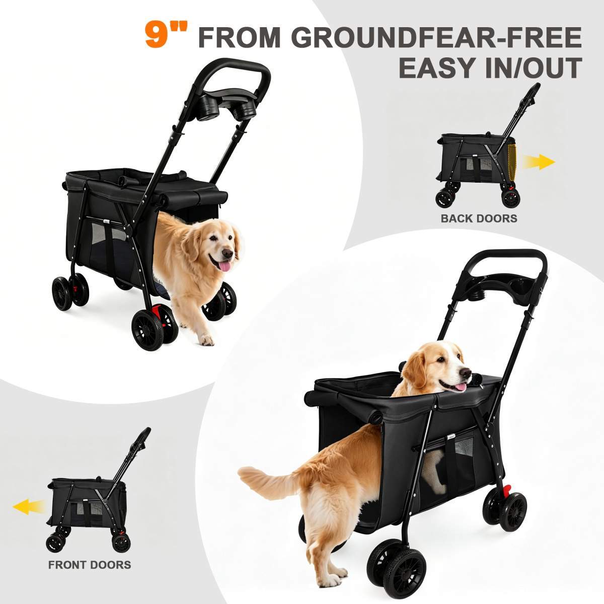 Pet Stroller, Foldable 4-Wheel Design, Breathable Mesh Dog Cat Stroller with Shockproof Wheels, Brake System, Storage Tray, 2 Fixed Safety Leashes, Large Space Pet Carrier for Small Medium Pets,Black - Image 6