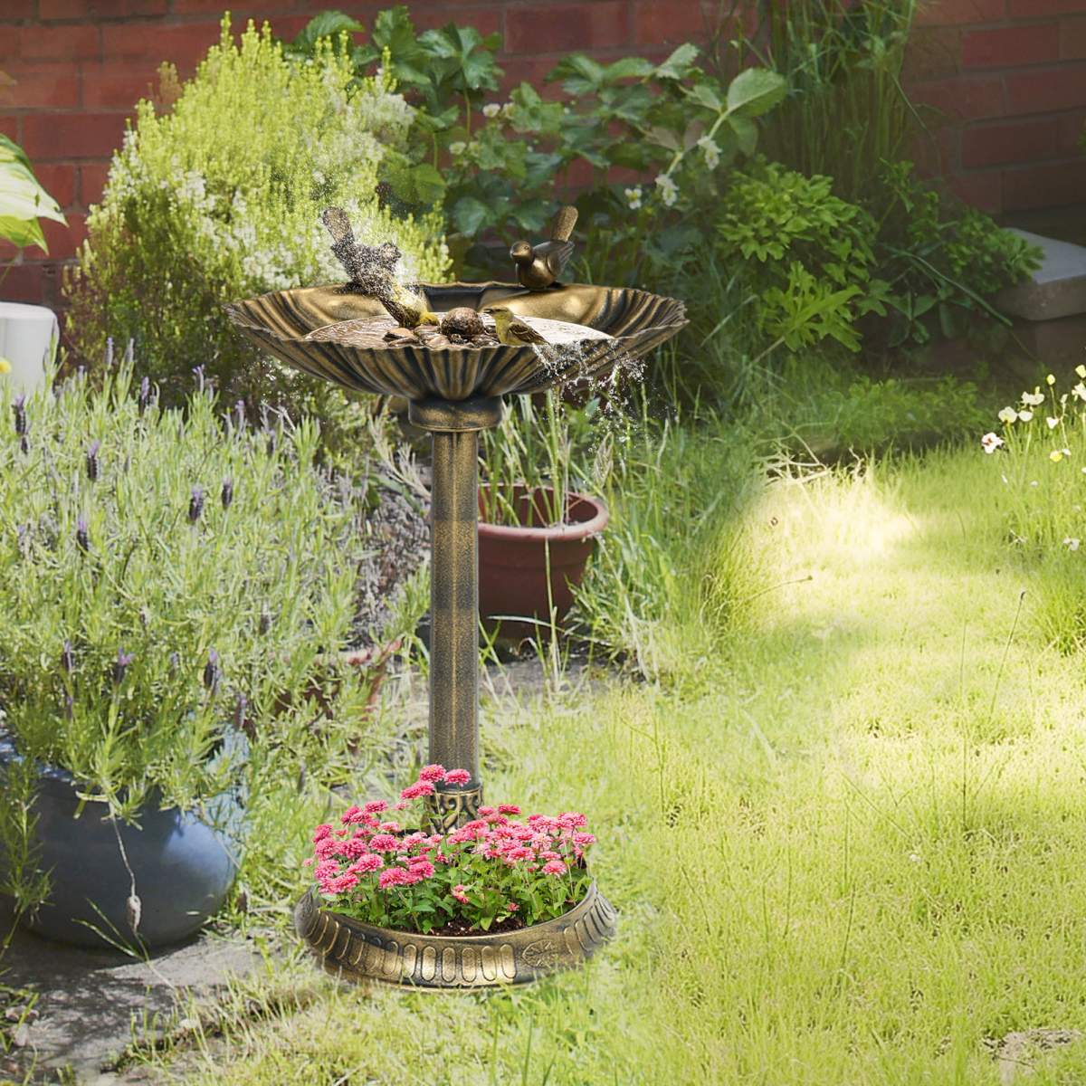 32" Antique Bird Bath Decorative Birdbath Bird Feeder Bowl with Planter Pedestal and Bird Statues, Bronze - Image 7