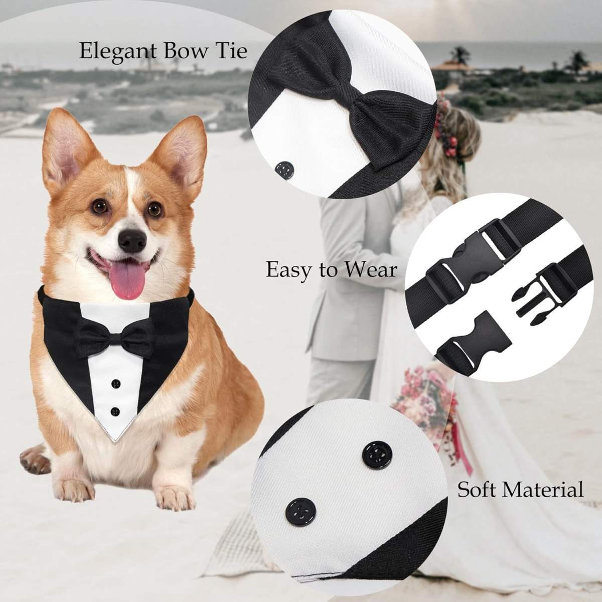 Dog Tuxedo Suit Wedding Bandana Collar With Bow Tie, Adjustable Formal Dog Tux, Engagement Birthday Tuxedo For Small Medium Large Dogs Pets - Image 2