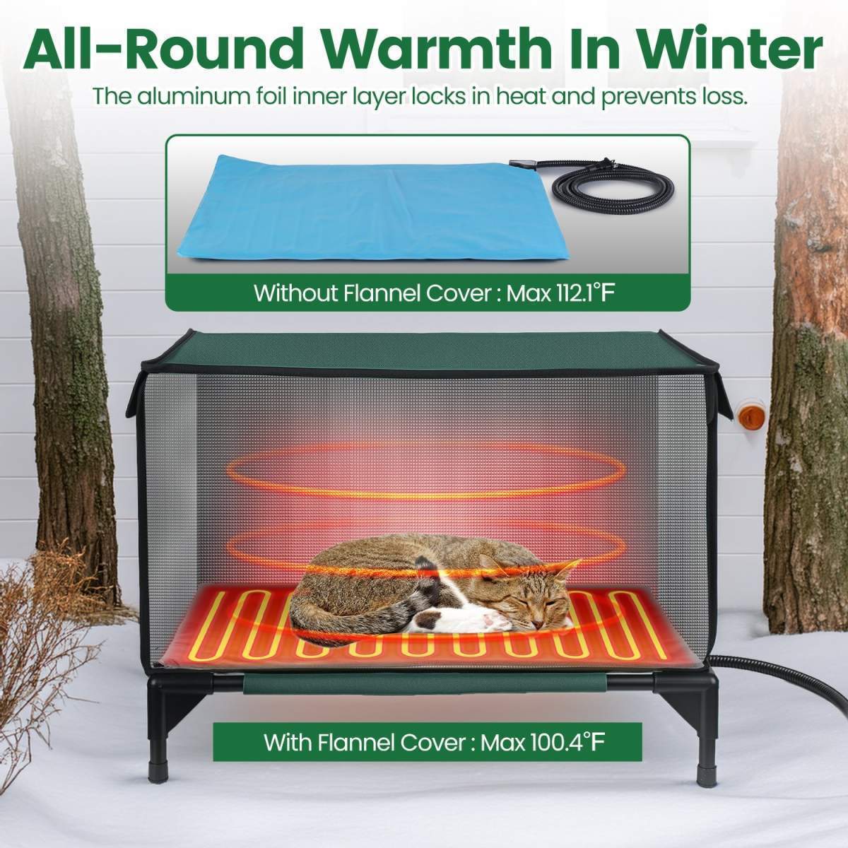 1Pc Waterproof Heated Cat House Outdoor Weatherproof Insulated Kitty Shelter Feral Cat Heating Bed With Heating Pad Anti-Chew Cord 2 Doors 3 Windows For Indoors Outdoors Winter Summer - Image 4