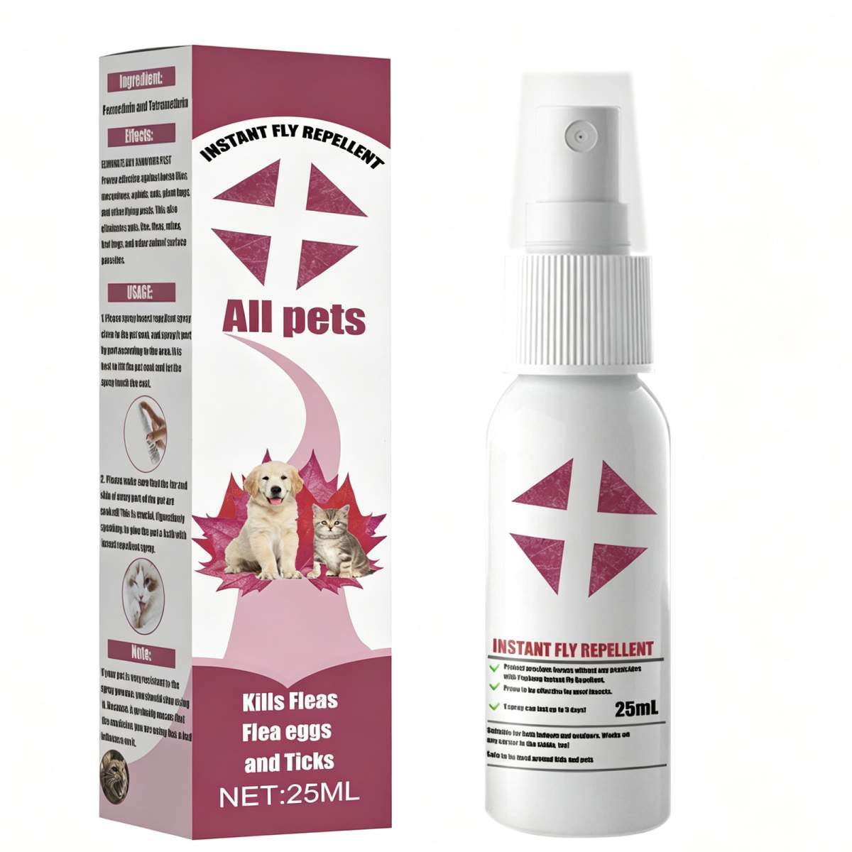 Pet Instant Fly & Pest Repellent Spray 25ml, Kills Fleas, Ticks, Flea Eggs, Safe For Dogs, Cats & Horses