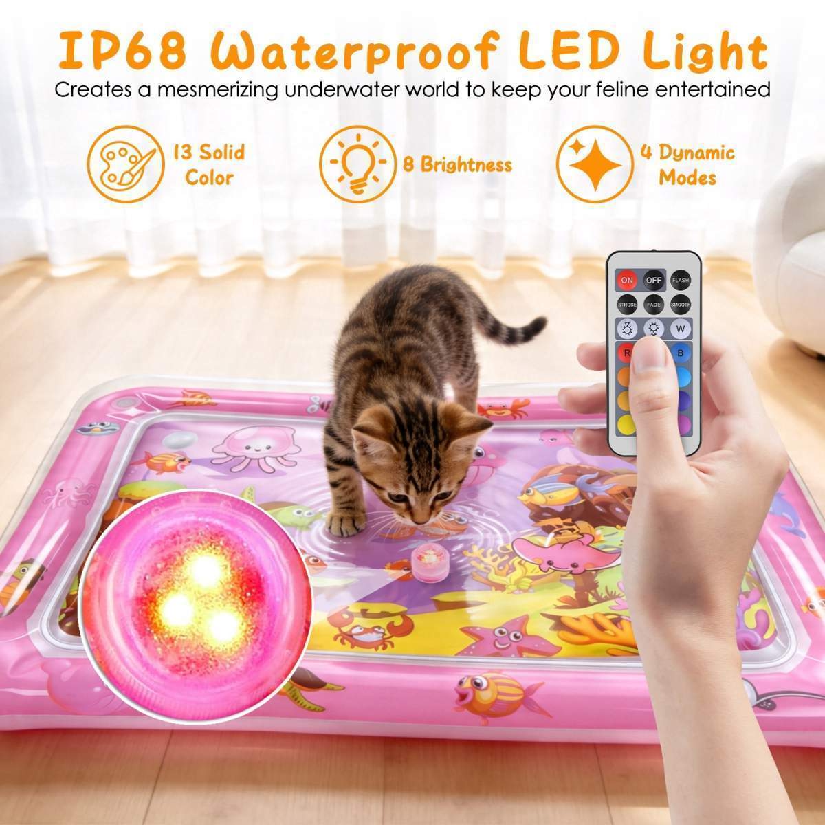 Cat Water Mat Interactive Sensory Play Mat With Floating Fish Toys LED Color Changing Light Thickened PVC For Indoor Cats Kittens Pet Enrichment - Image 9