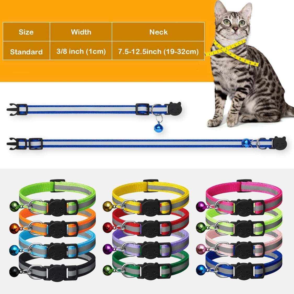 12 Pack Reflective Breakaway Cat Collars With Bells,Safety Buckle Kitten Collar, With Name Tag, Adjustable,Ideal For Girl Cats Male Cats - Image 6