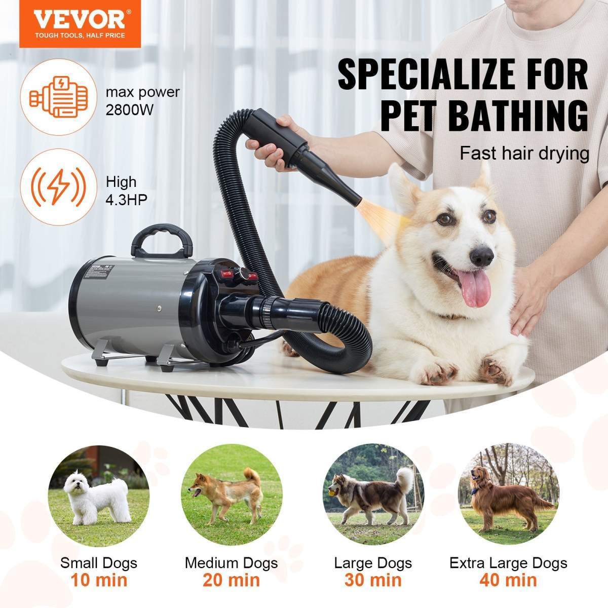 Dog Dryer, 2800W/4.3HP Dog Blow Dryer, Pet Grooming Dryer With Adjustable Speed And Temperature Control, Pet Hair Dryer With 4 Nozzles And Extendable Hose, Grey And Black - Image 4