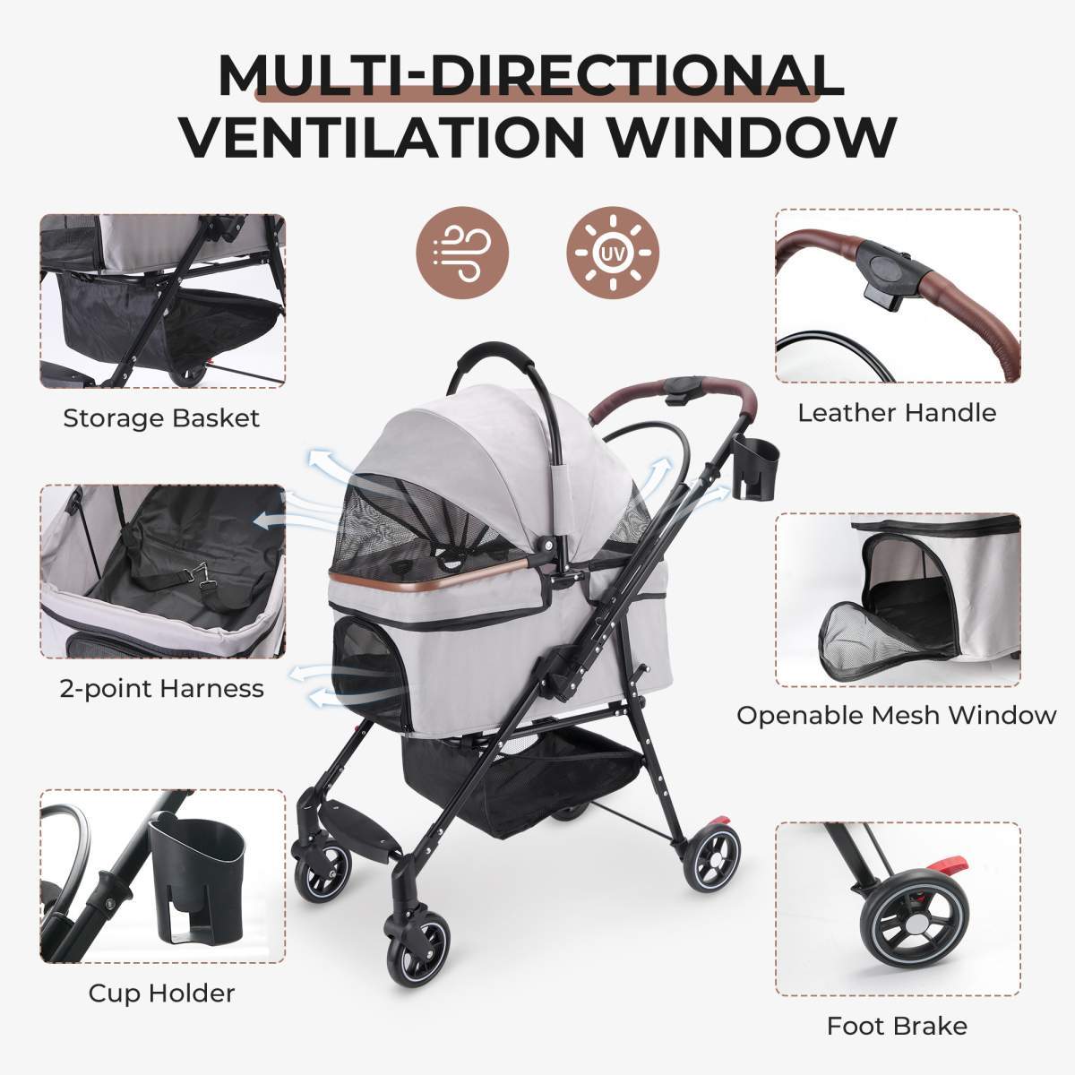 4-Wheel Foldable Pet Stroller For Small Dogs & Cats - 360 Rotating Wheels, Detachable Carrier & Travel Bag Included - Image 9