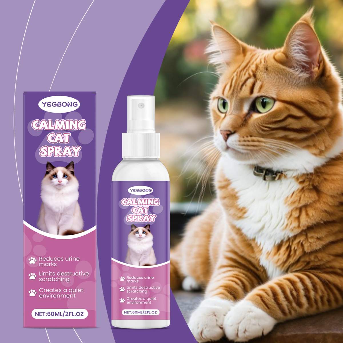 Calming Cat Spray, 60ML Natural Cat Anxiety Relief Spray For Stress & Bad Behavior Correction Product Bullet Points Natural Gentle Formula Crafted With Deionized Water, 1,2-hexanediol And Matrine, Thi - Image 8