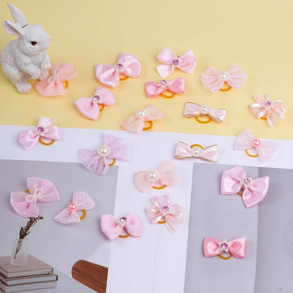 20 PCS Cute Dog Hair Bows With Rubber Bands Elastic Handmade Mix Style Lace Rhinestone Pearls For Furry Puppy Cat Pet Girl - Image 5
