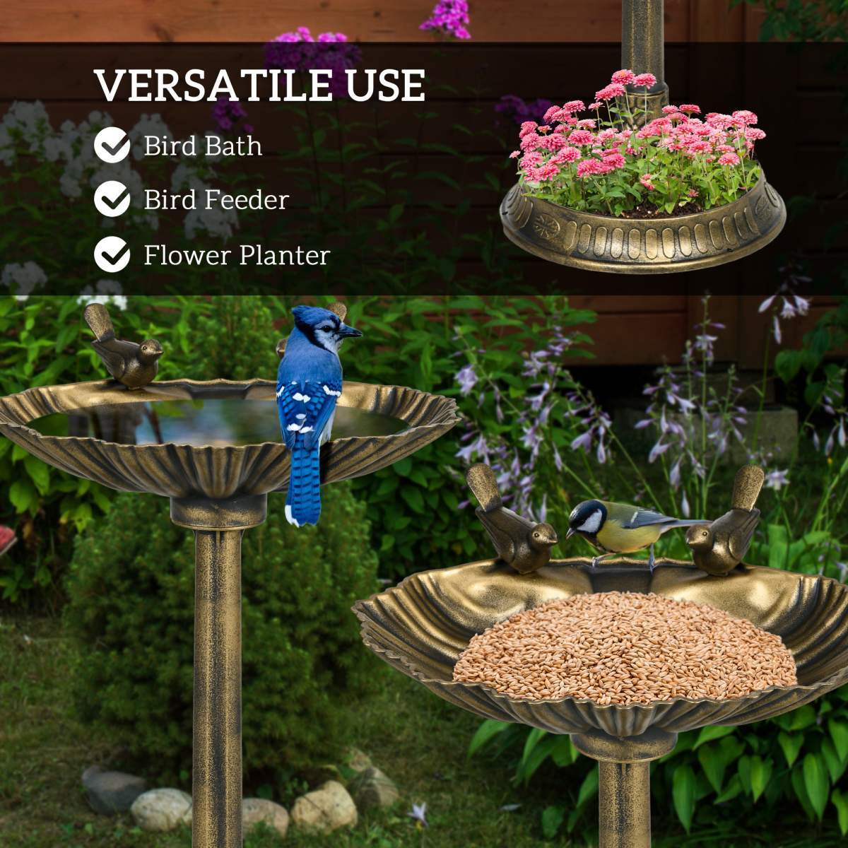 32" Antique Bird Bath Decorative Birdbath Bird Feeder Bowl with Planter Pedestal and Bird Statues, Bronze - Image 5