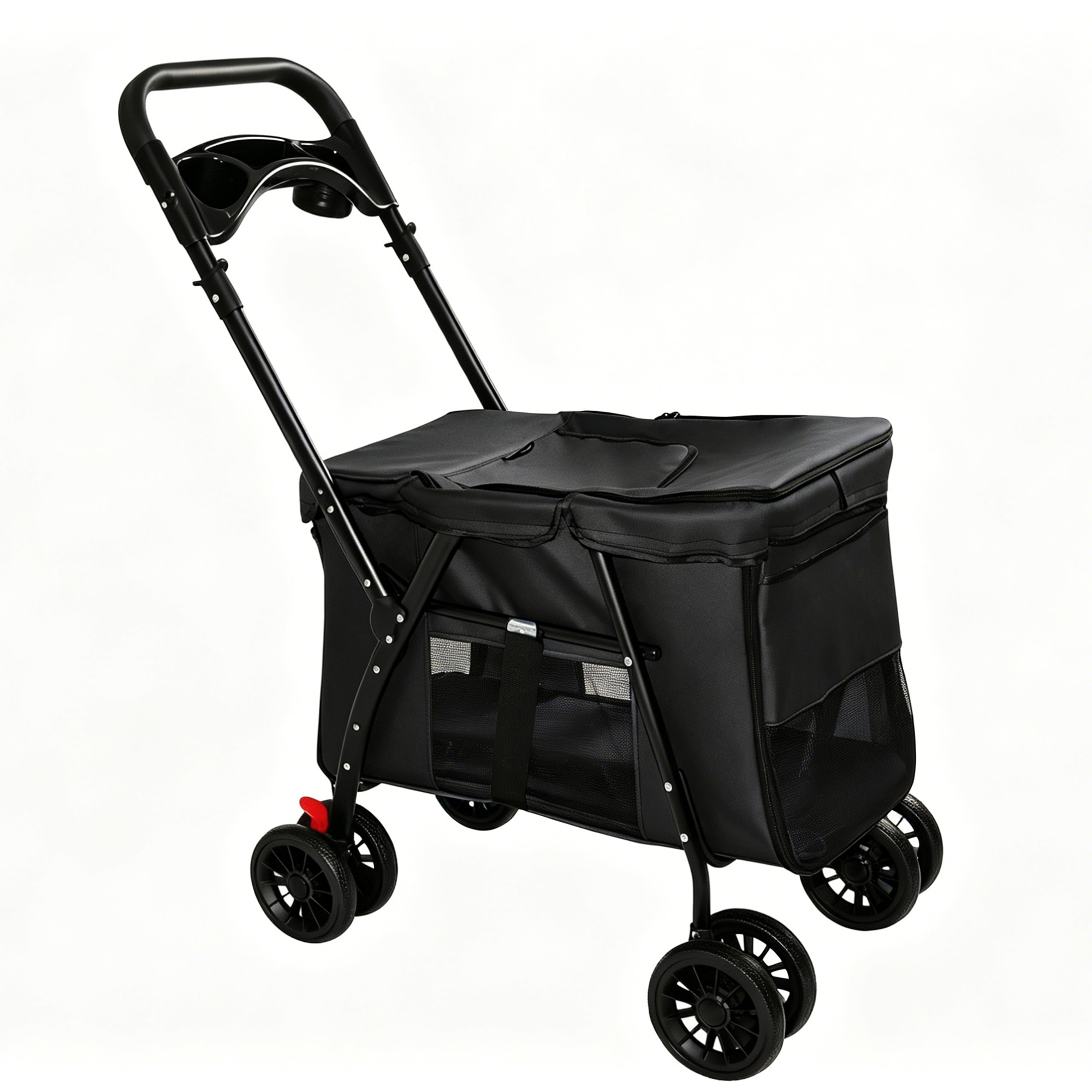 Pet Stroller, Foldable 4-Wheel Design, Breathable Mesh Dog Cat Stroller with Shockproof Wheels, Brake System, Storage Tray, 2 Fixed Safety Leashes, Large Space Pet Carrier for Small Medium Pets,Black - Image 4