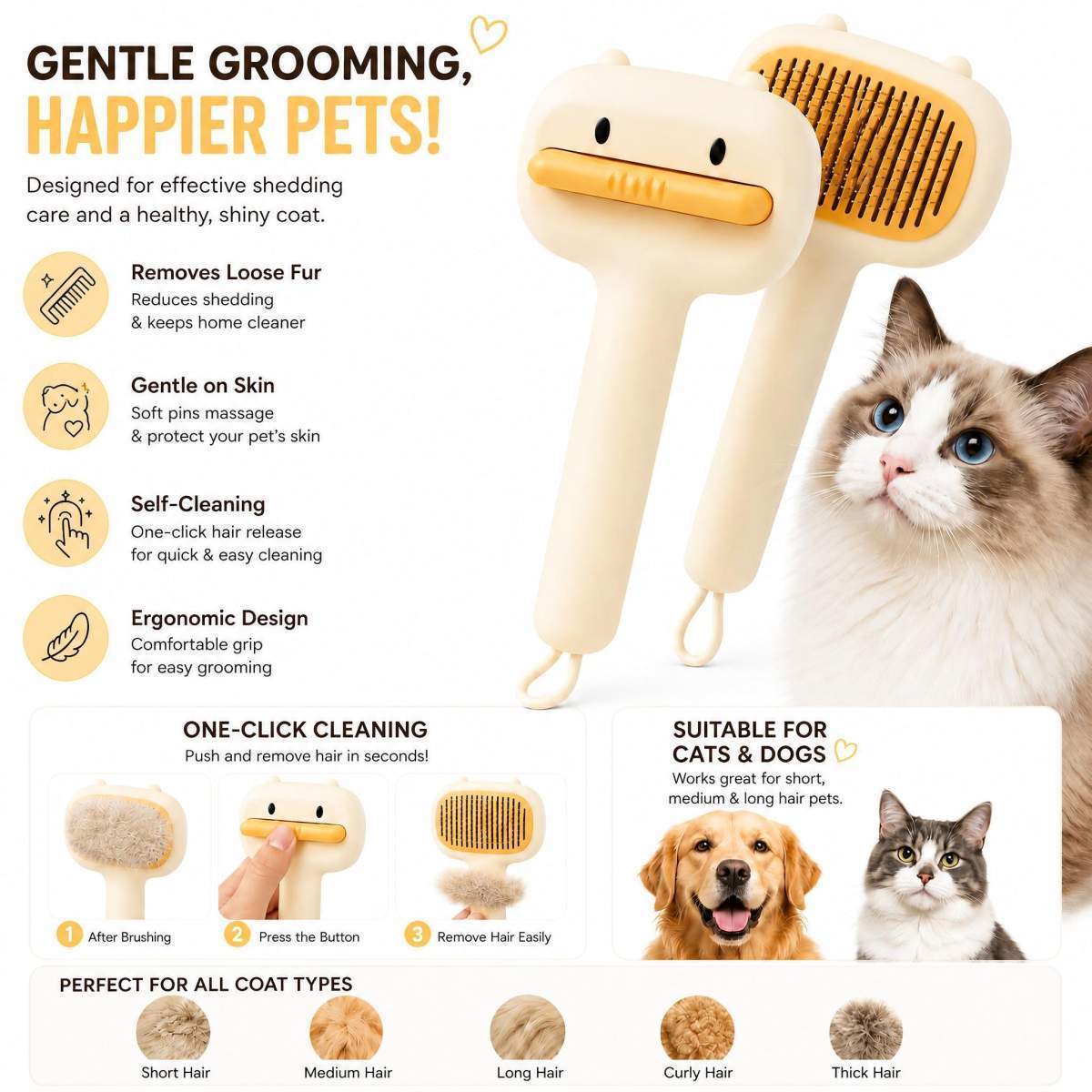 Cute Cartoon Bear Self-Cleaning Pet Brush Universal Deshedding Comb For Cats And Dogs Removes Loose Fur & Detangles Comfortable Non-Slip Handle Pet Grooming Tool - Image 4