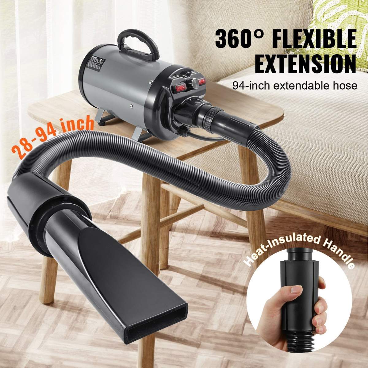 Dog Dryer, 2800W/4.3HP Dog Blow Dryer, Pet Grooming Dryer With Adjustable Speed And Temperature Control, Pet Hair Dryer With 4 Nozzles And Extendable Hose, Grey And Black - Image 2