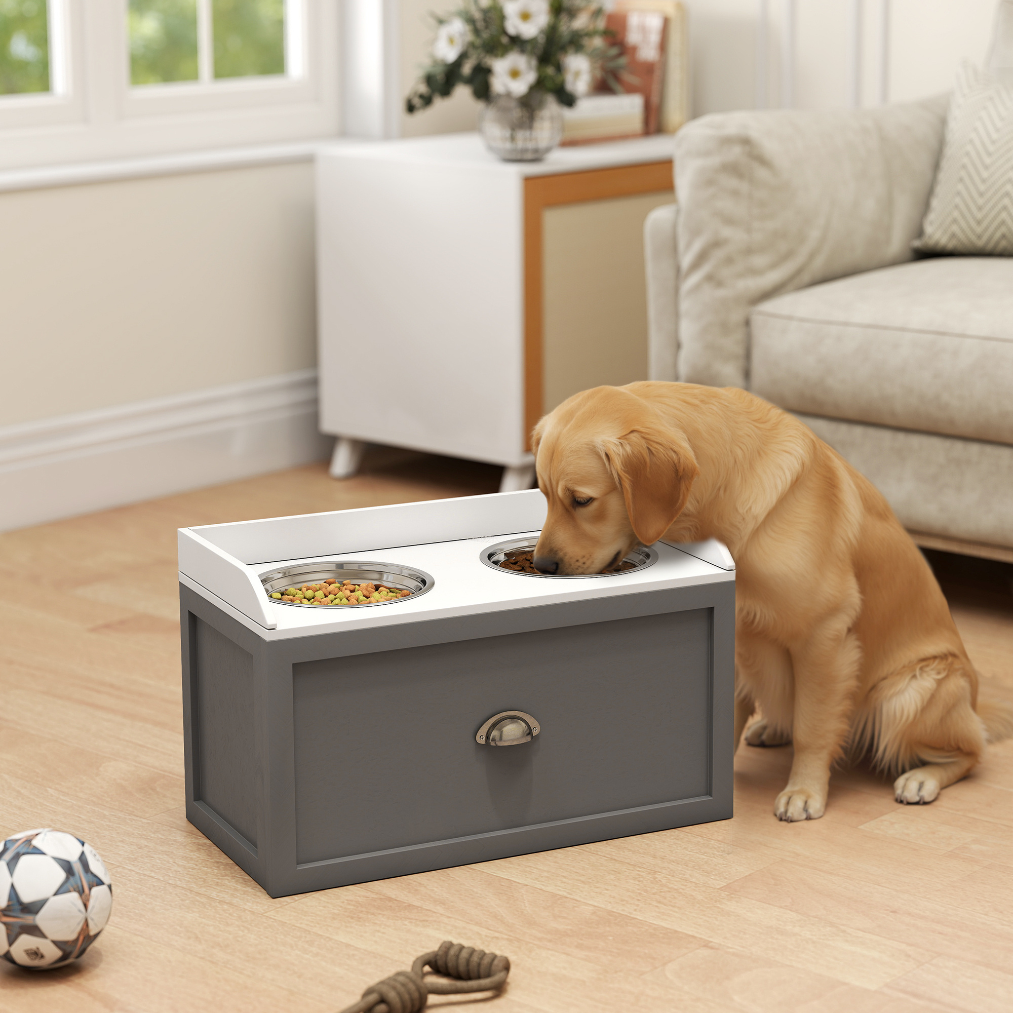 Pet Feeding Station Pet Dish Bowl Set with Storage, 2 Elevated Dog Bowls for Large Sized Dogs, Gray - Image 2