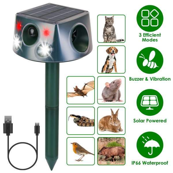 Solar & Type-C Rechargeable Animal Repeller - 3 Modes Ultrasonic+Buzzer+Vibration, IP66 Waterproof, 2200mAh Battery, Repels Moles Bats Squirrels Birds For Yard Garden Farm