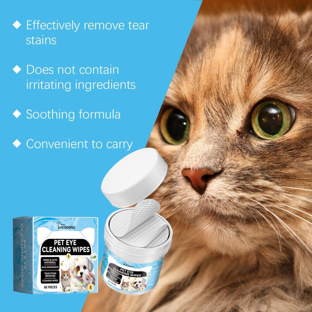 Pet Eye Cleaning Wipes For Dogs & Cats, Tear Stain Remover Pads, Mild Citric Acid Formula, 60 Count - Image 5