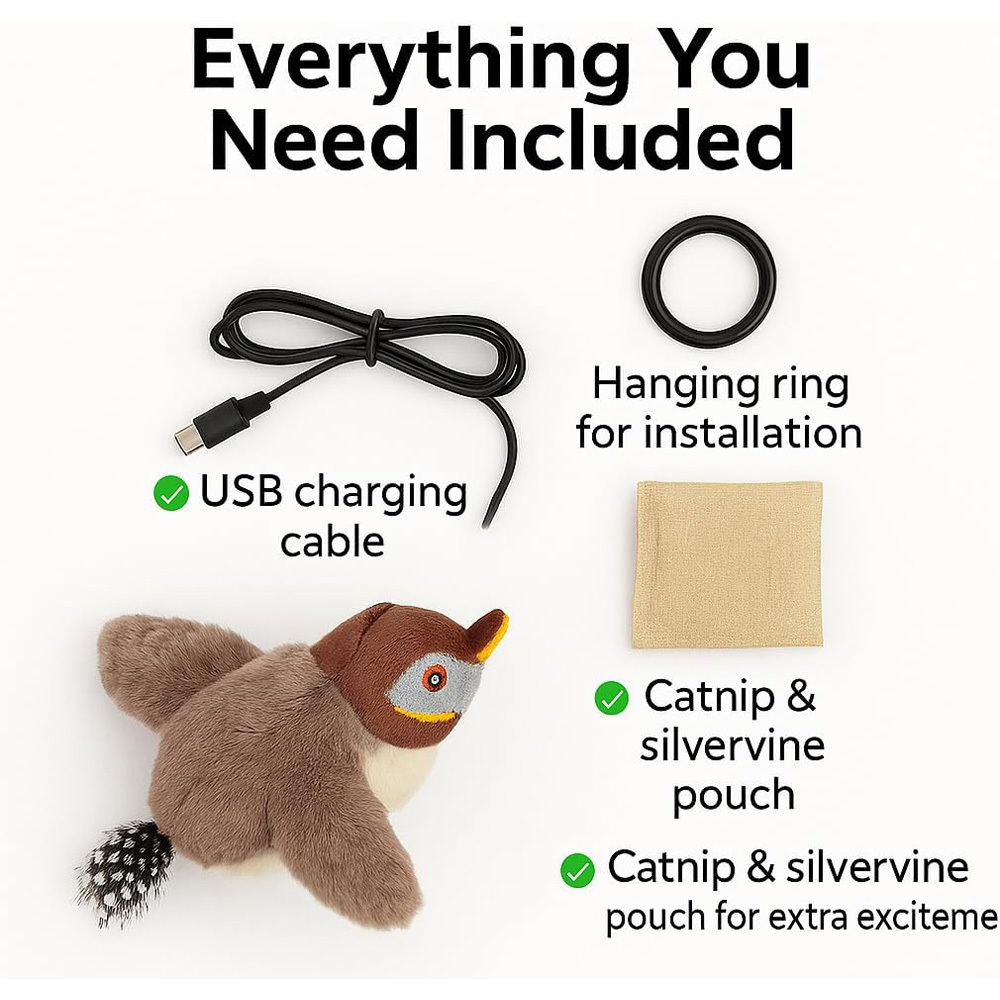 USB Rechargeable Flapping Bird Cat Toy, Realistic Chirping White Faced Sparrow Plush Toy, Motion Activated Electronic Interactive Pet Toy For Indoor Cats Exercise - Image 3