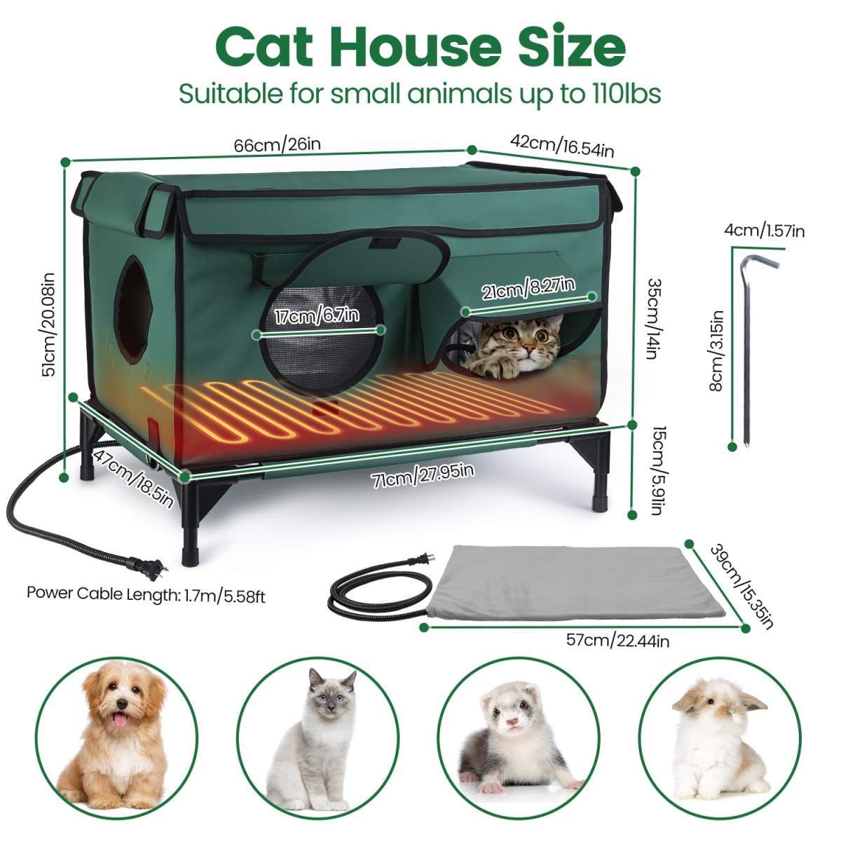 1Pc Waterproof Heated Cat House Outdoor Weatherproof Insulated Kitty Shelter Feral Cat Heating Bed With Heating Pad Anti-Chew Cord 2 Doors 3 Windows For Indoors Outdoors Winter Summer - Image 7