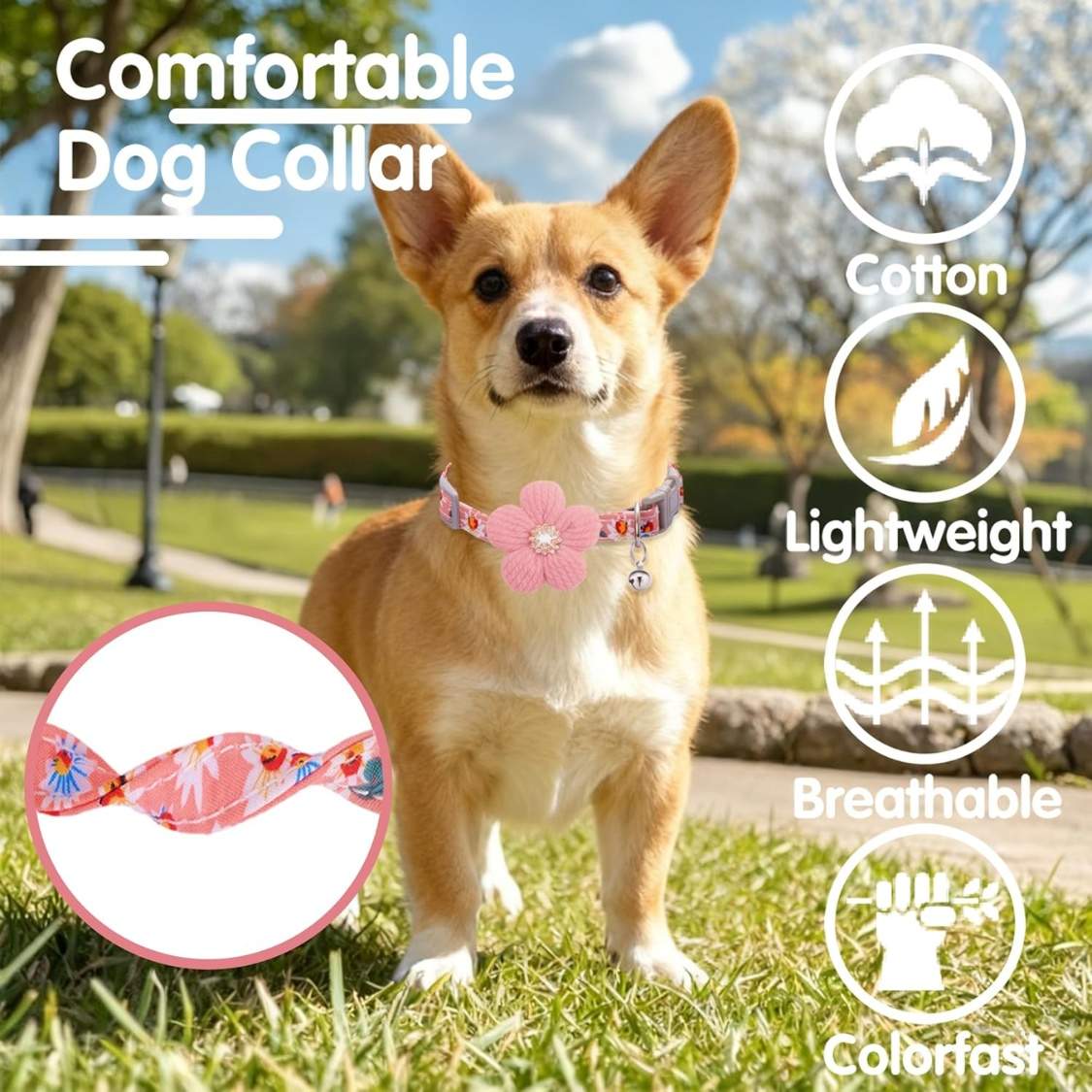 Small Dog Collar With Flower, Spring Dog Collar For Girl Dog Collars For Small Dogs Cute Dog Collar With Bell, Adjustable Length - Image 3