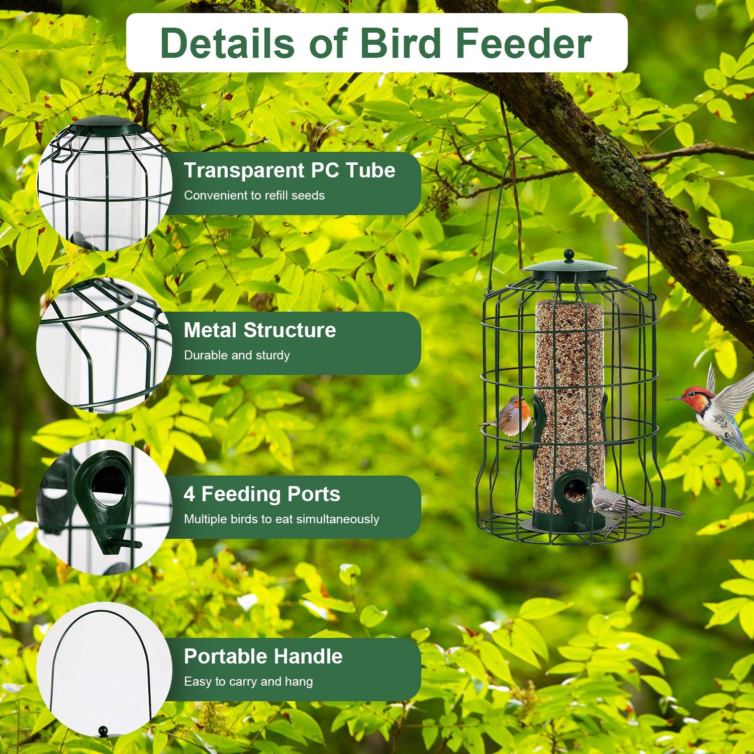 1Pc Outdoor Wild Bird Feeder Squirrel-Proof Chew-Proof Metal Hanging Seed Feeder With 4 Feeding Port For Small Songbirds - Image 2