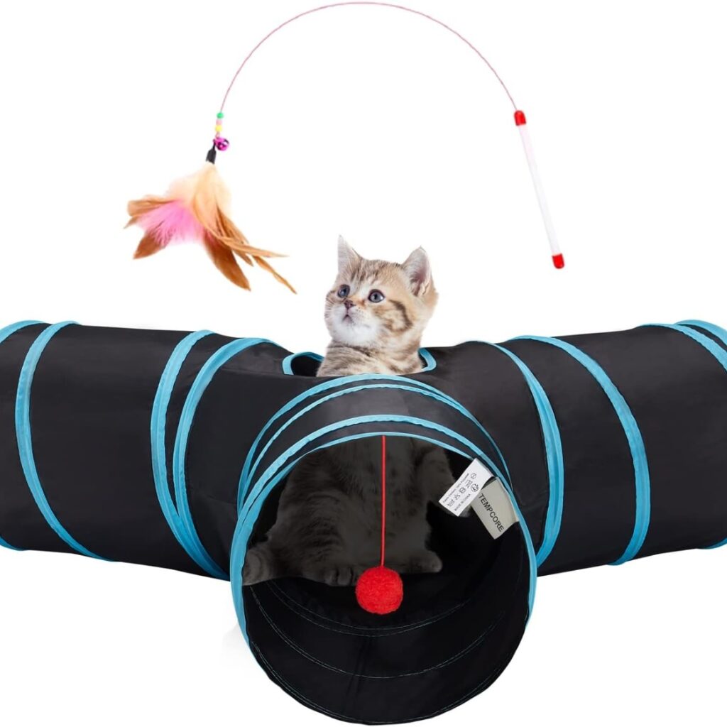 Pet Cat Tunnel Tube Toys 3 Way Collapsible, Tunnels For Indoor Cats, Interactive Tube With Teaser Wand, Peek Holes