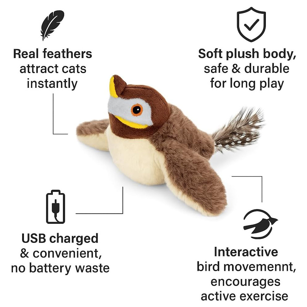 USB Rechargeable Flapping Bird Cat Toy, Realistic Chirping White Faced Sparrow Plush Toy, Motion Activated Electronic Interactive Pet Toy For Indoor Cats Exercise - Image 5