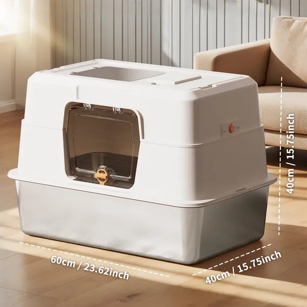 Thick Stainless Steel Fully Enclosed White Cat Toilet, Sturdy, Bite Proof, Leak Proof, Providing Greater Comfort For Cats In Large Spaces
