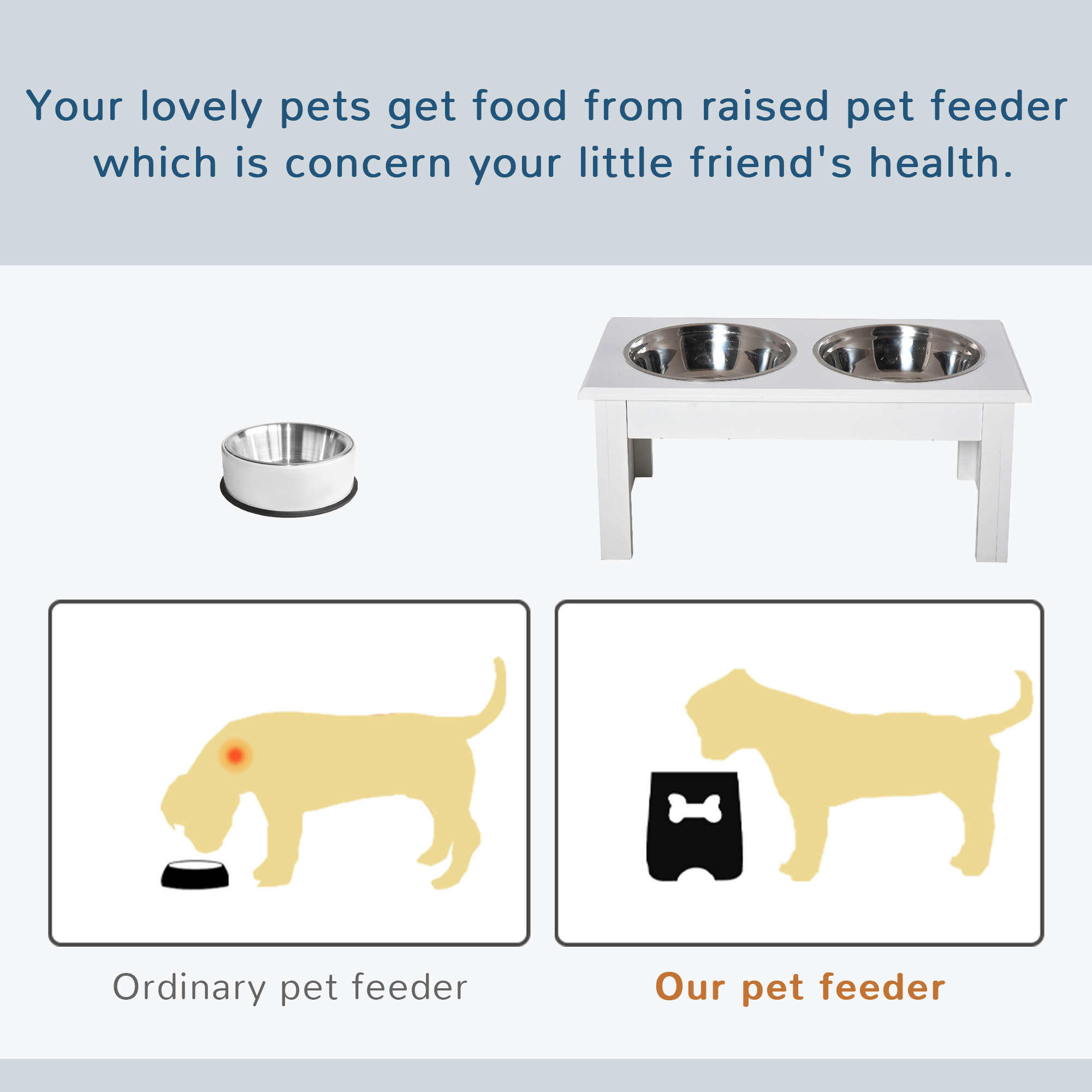 6" Height Small Puppy Dog Feeding Station for Messy Pets, Stainless Steel Elevated Dog Bowls with Modern Wooden Frame, Dog Food Stand Pet Feeding Station, White - Image 3