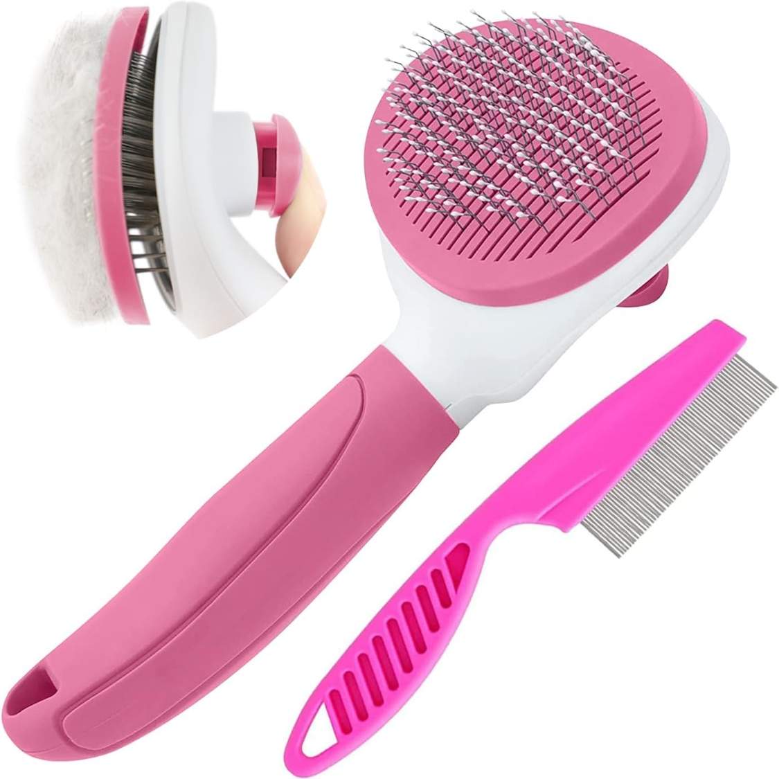 Cat Brushes For Indoor Cats, Dog Brush For Shedding With Metal Cat Comb, Self Cleaning Pet Hair Brush With Release Button For Grooming Kitten