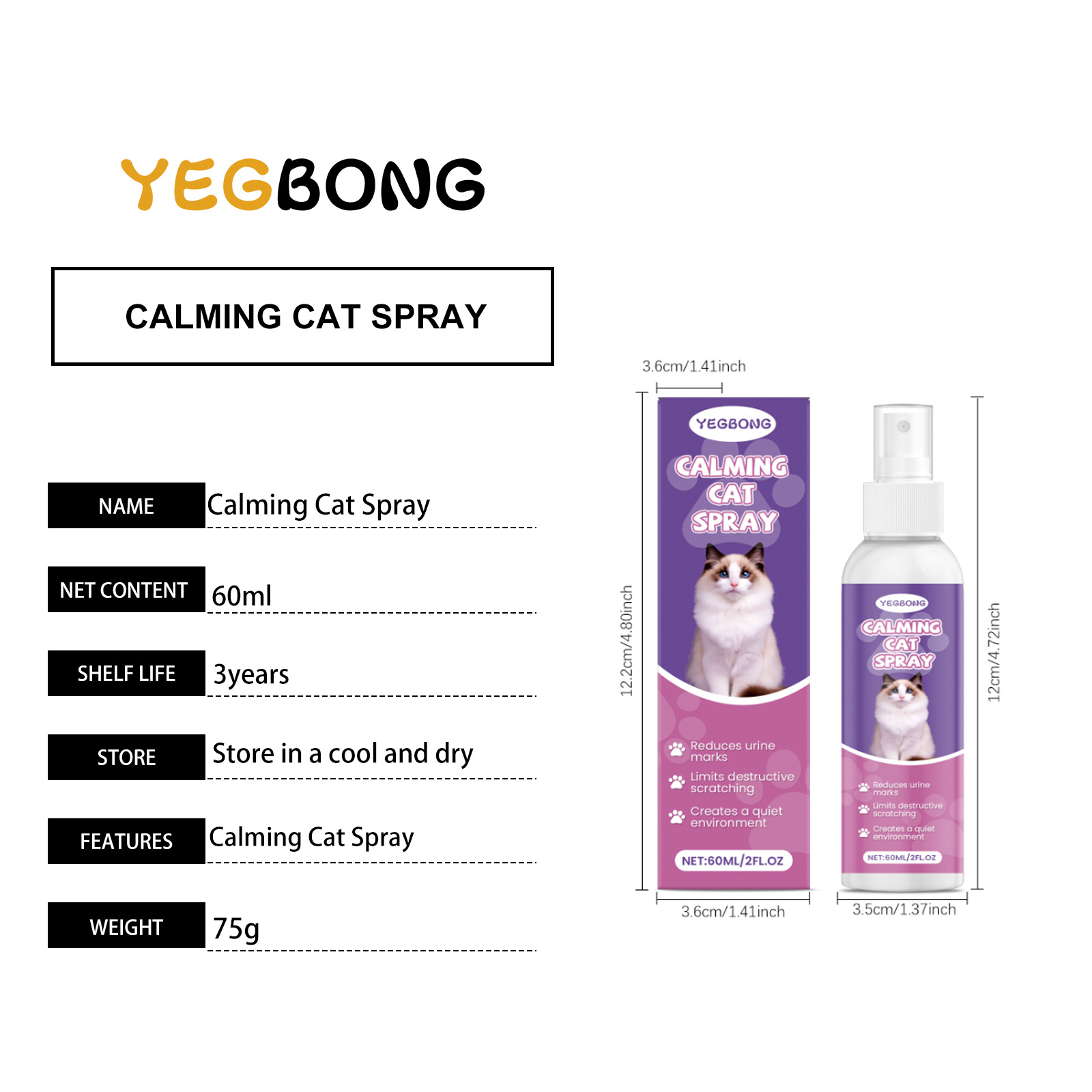 Calming Cat Spray, 60ML Natural Cat Anxiety Relief Spray For Stress & Bad Behavior Correction Product Bullet Points Natural Gentle Formula Crafted With Deionized Water, 1,2-hexanediol And Matrine, Thi - Image 7