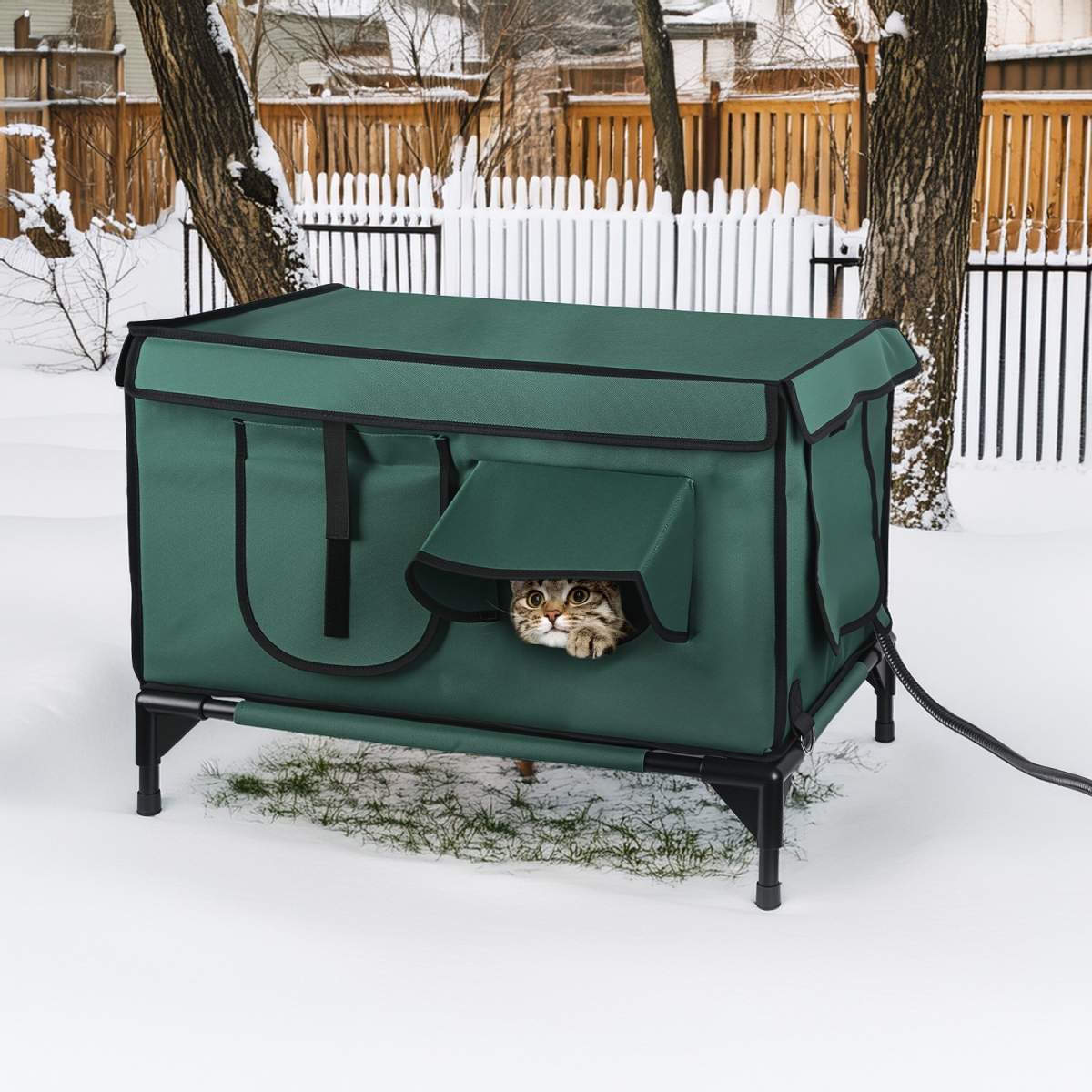 1Pc Waterproof Heated Cat House Outdoor Weatherproof Insulated Kitty Shelter Feral Cat Heating Bed With Heating Pad Anti-Chew Cord 2 Doors 3 Windows For Indoors Outdoors Winter Summer - Image 8