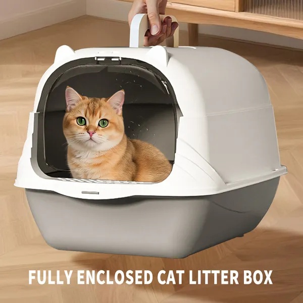 2026 Top Rated Fully Enclosed Cat Litter Box, Gray - Odor-Locking, Portable With Scoop & Litter Mat