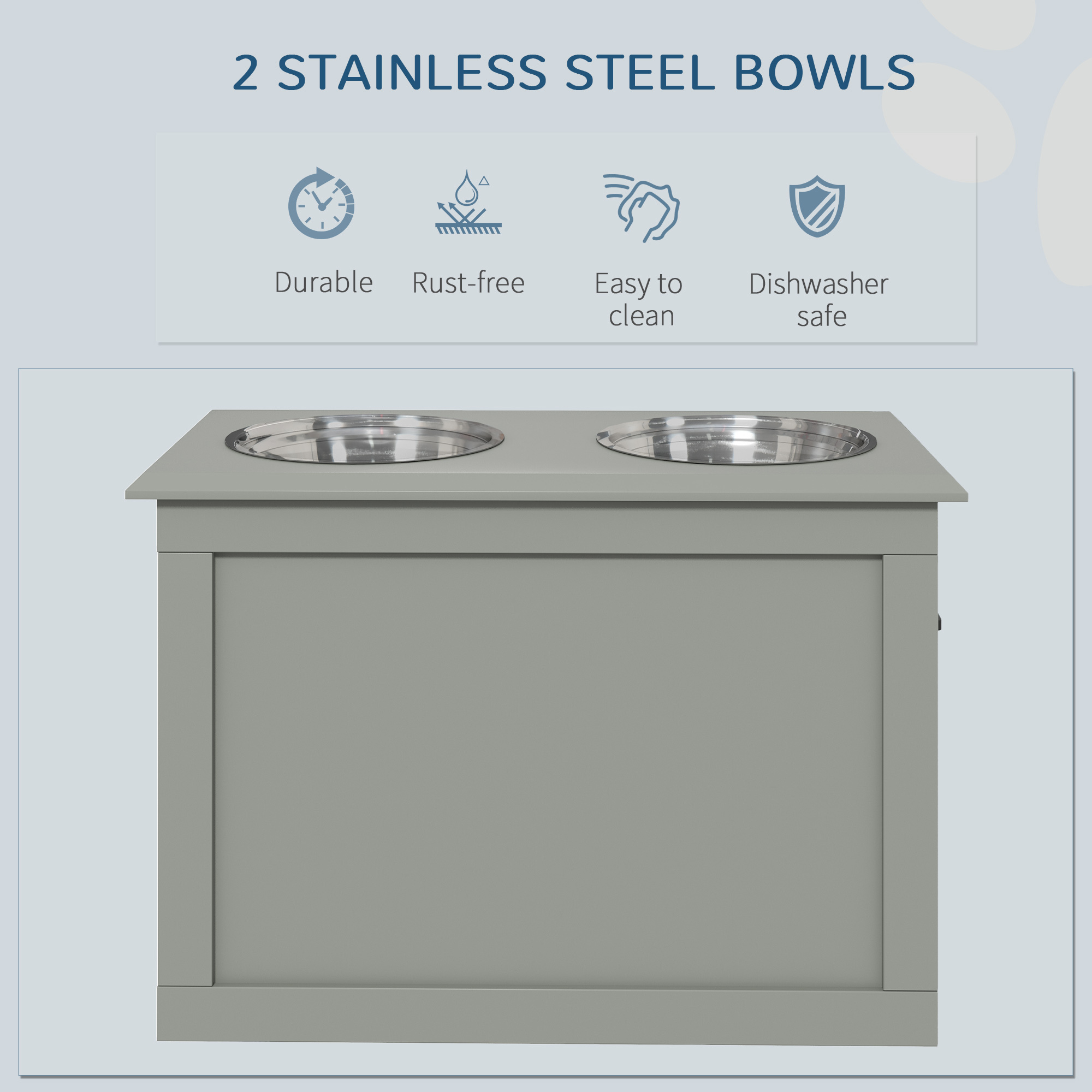 Raised Pet Feeding Storage Station with 2 Stainless Steel Bowls Base for Large Dogs and Other Large Pets, Gray - Image 4