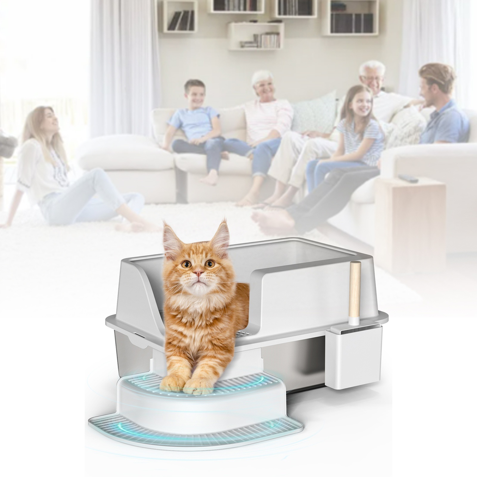 30L Semi Enclosed Cat Litter Box With Footboard And Scoop Stainless Steel Litter Box Plastic Walkway - Image 5