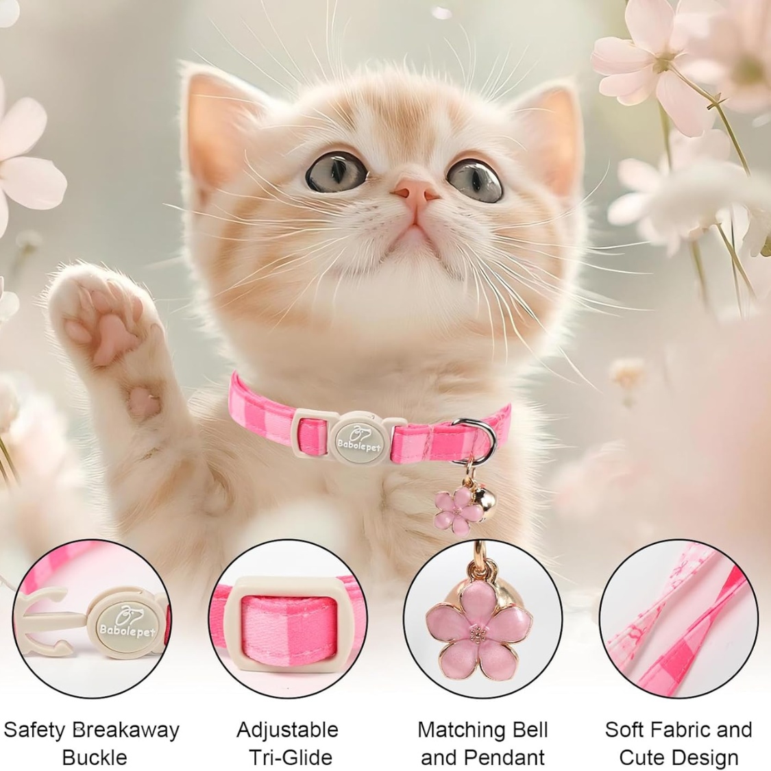 2 Pack Pink Cat Collars Spring Summer Breakaway Cat Collar With Bell, Bow And Flower Pendant, Adjustable Kitten Collars For Girl Cats, Cute Pink Plaid Bow - Image 3