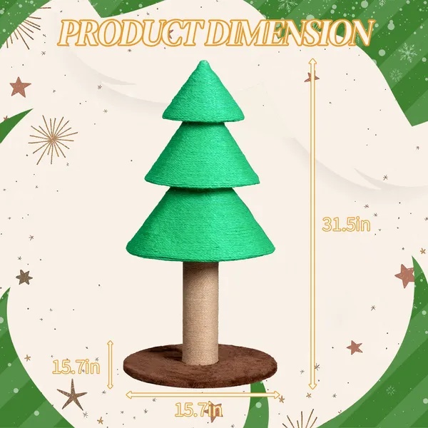 31.5in Christmas Tree Cat Scratcher, Cat Scratching Post For Indoor Cats, Large Sisal Cat Scratching Tree Cat Scratch Tower, Green - Image 2