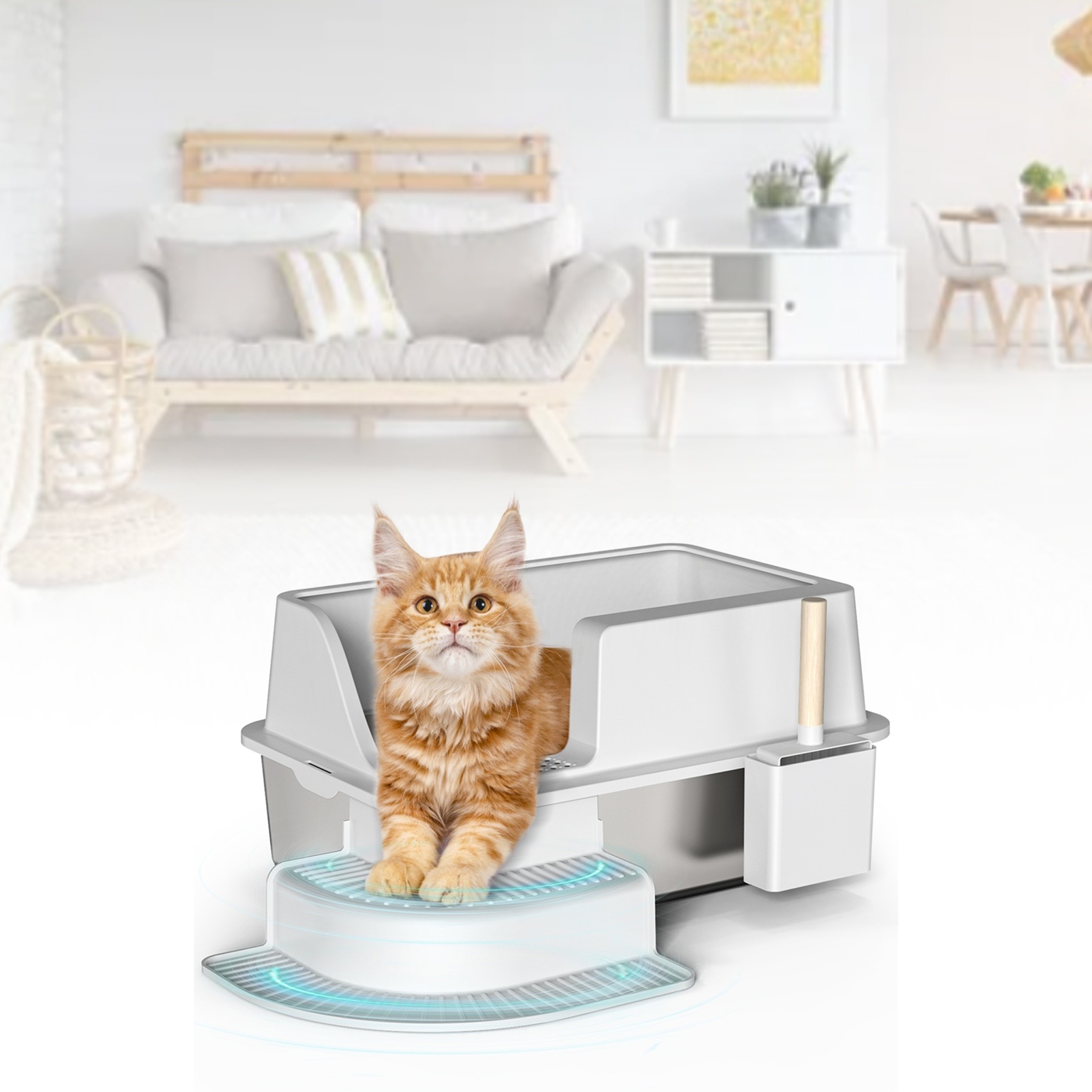 30L Semi Enclosed Cat Litter Box With Footboard And Scoop Stainless Steel Litter Box Plastic Walkway - Image 4