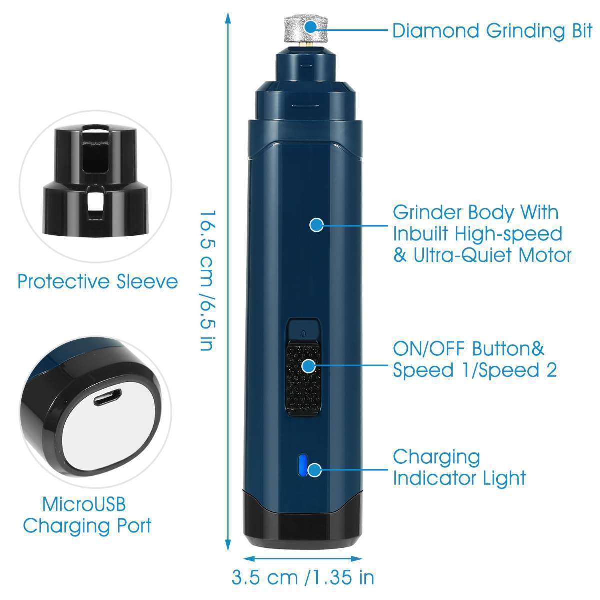 1Pc Dog Nail Grinder 2 Speeds Quiet USB Rechargeable Pet Nail Grinder Professional Pet Nail Trimmer Cordless Paws Grooming & Smoothing Claw Care For Small Medium Large Dogs & Cats - Image 5