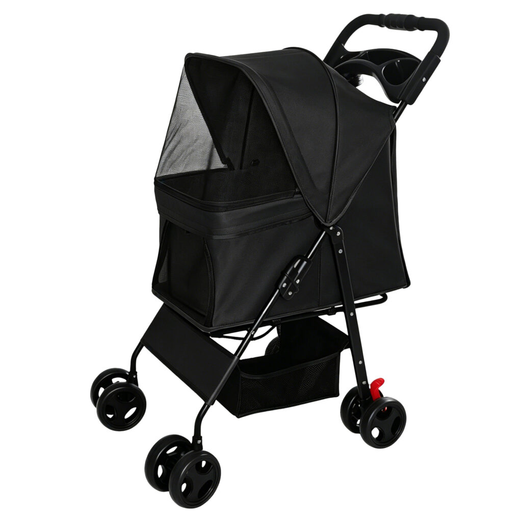 Foldable Pet Stroller for Small Dogs and Cats Under 28 lbs with Multi-Functional Tray, 2 Safety Leashes, Storage Basket & Breathable Mesh, 4 Wheels Pet Stroller, Black