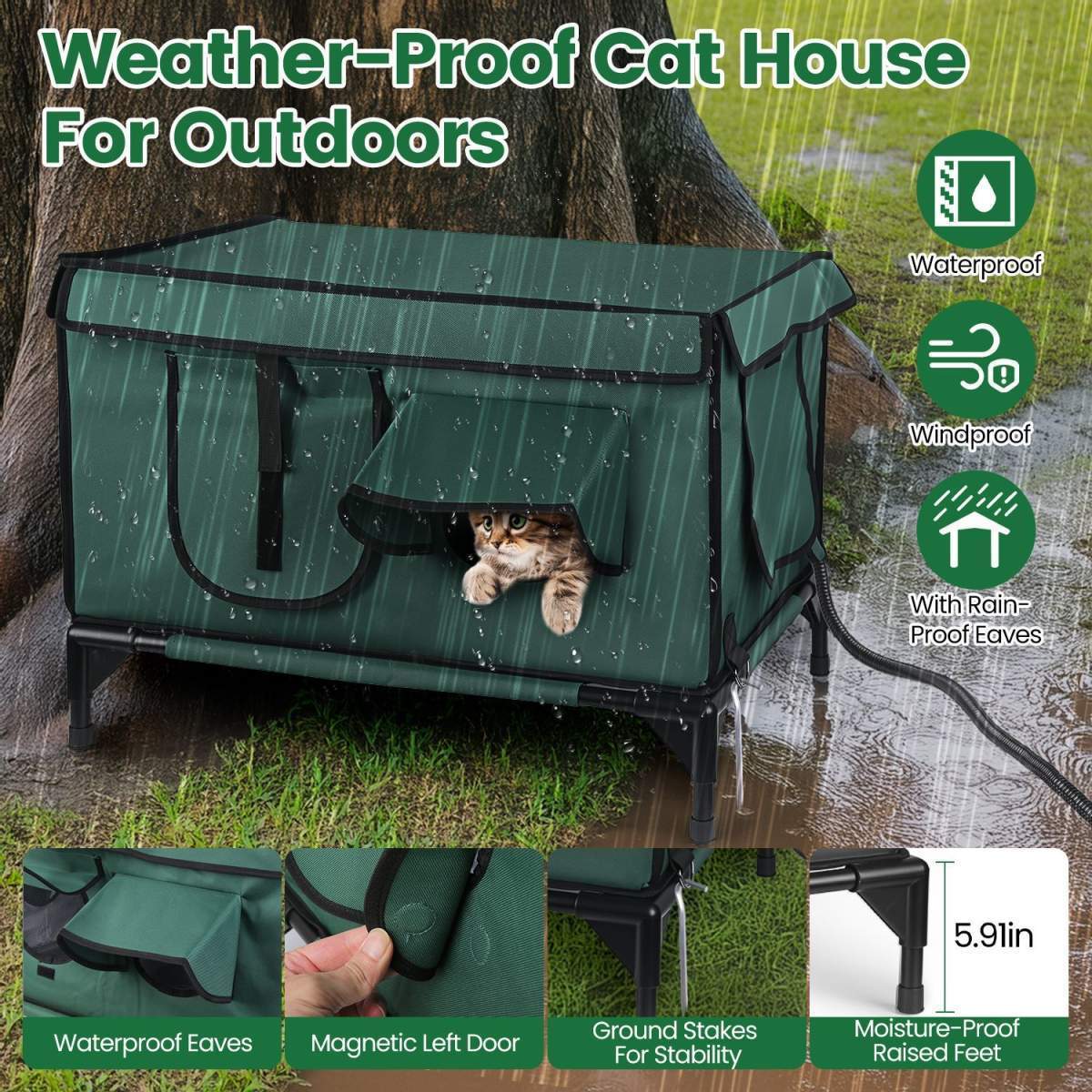 1Pc Waterproof Heated Cat House Outdoor Weatherproof Insulated Kitty Shelter Feral Cat Heating Bed With Heating Pad Anti-Chew Cord 2 Doors 3 Windows For Indoors Outdoors Winter Summer - Image 2