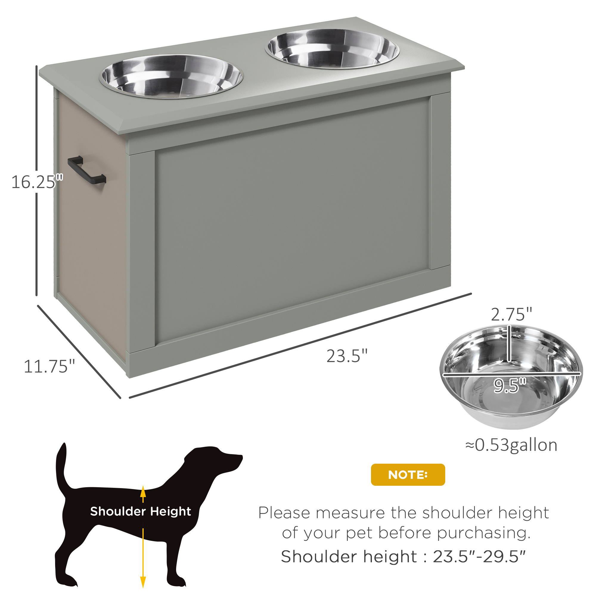 Raised Pet Feeding Storage Station with 2 Stainless Steel Bowls Base for Large Dogs and Other Large Pets, Gray - Image 6