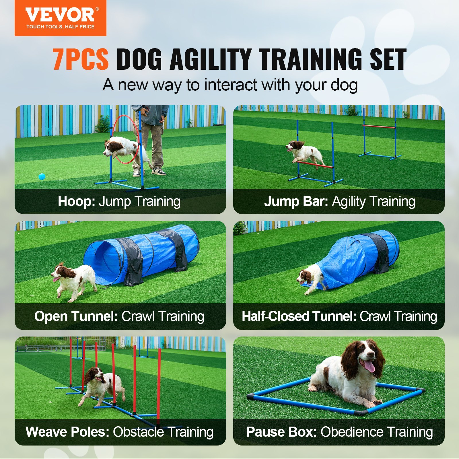 Dog Agility Training Equipment 7 PCS Set W/ Hurdles 2 Tunnels Jump Ring - Image 2