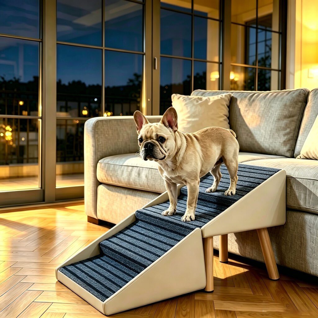 2-in-1 Dog Stairs for Bed and Couch 18.89" Foldable Dog Ramp for Couch 4 Pet Steps  & Ottoman for Small Dogs, Beige