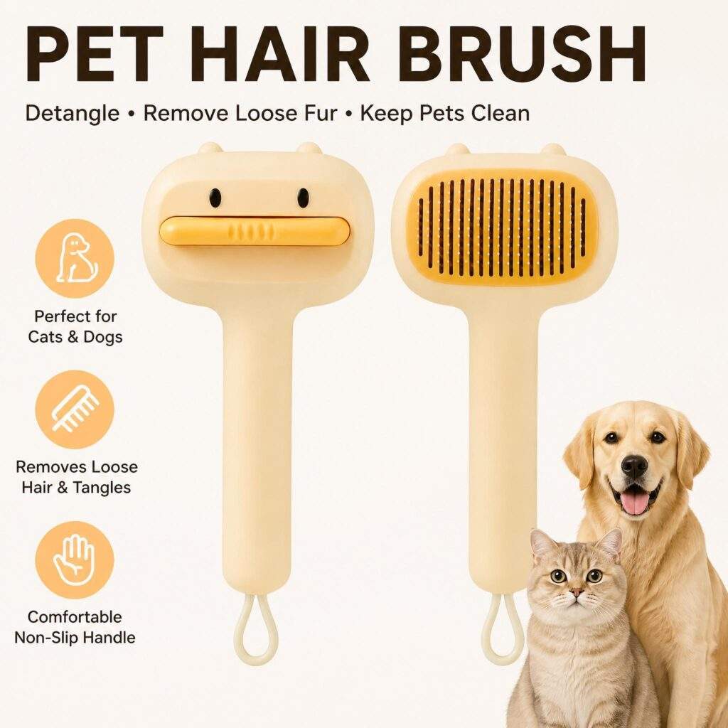 Cute Cartoon Bear Self-Cleaning Pet Brush  Universal Deshedding Comb For Cats And Dogs  Removes Loose Fur & Detangles  Comfortable Non-Slip Handle Pet Grooming Tool