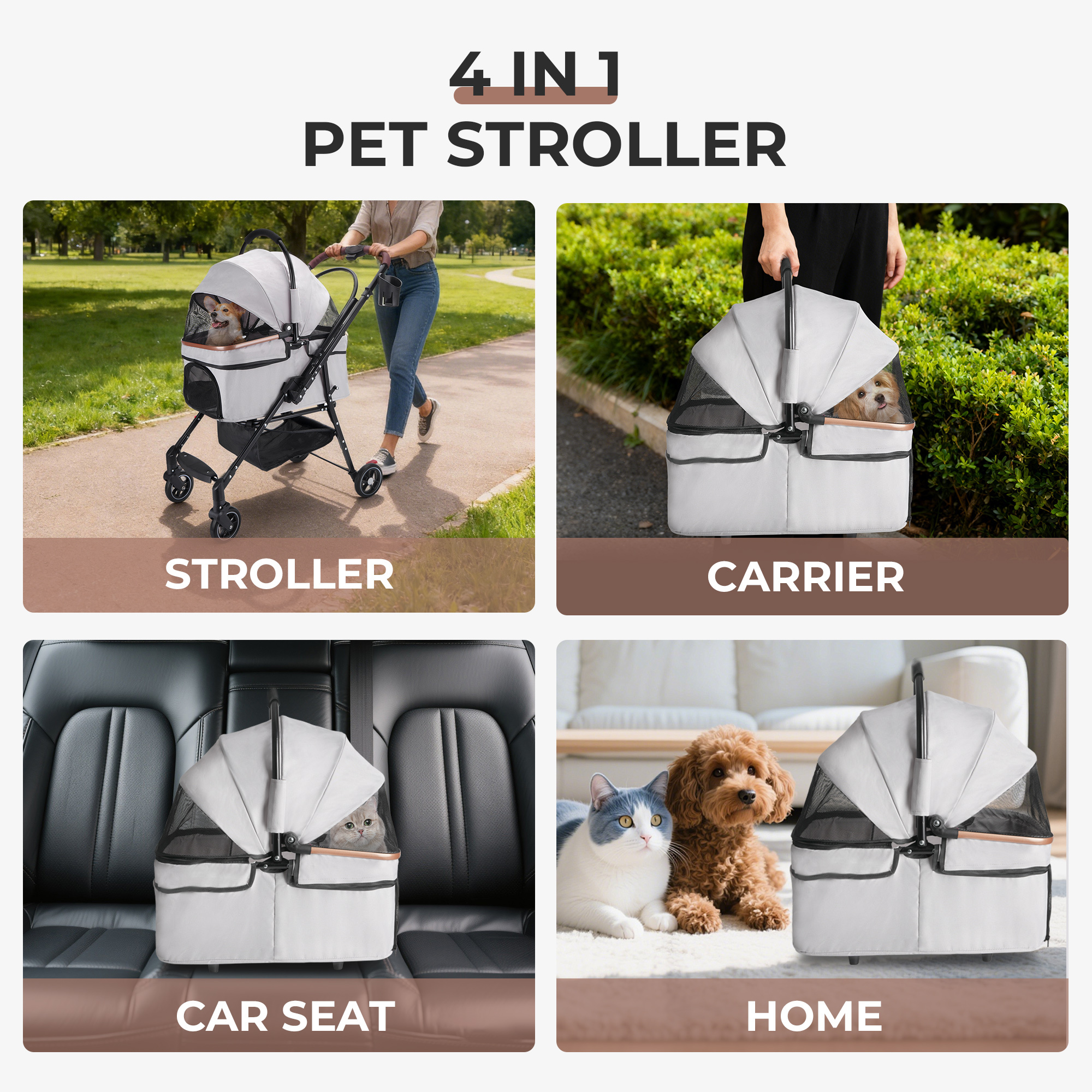 4-Wheel Foldable Pet Stroller For Small Dogs & Cats - 360 Rotating Wheels, Detachable Carrier & Travel Bag Included - Image 4